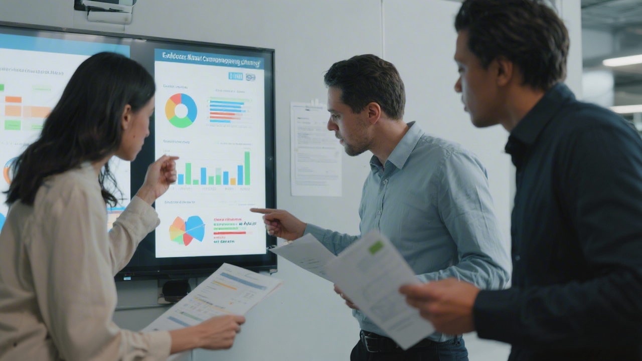 Researchers and strategists reviewing user behavior reports and competitive analysis documents on a digital whiteboard, emphasizing evidence-based campaign planning.