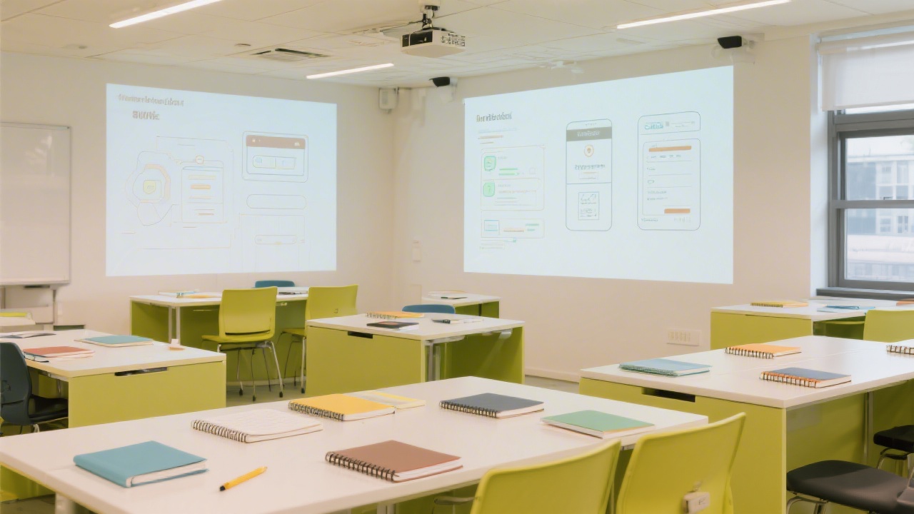 Bright learning space with modular tables, projected interface prototypes on a screen, and notebooks laid out for an interactive design and marketing workshop.