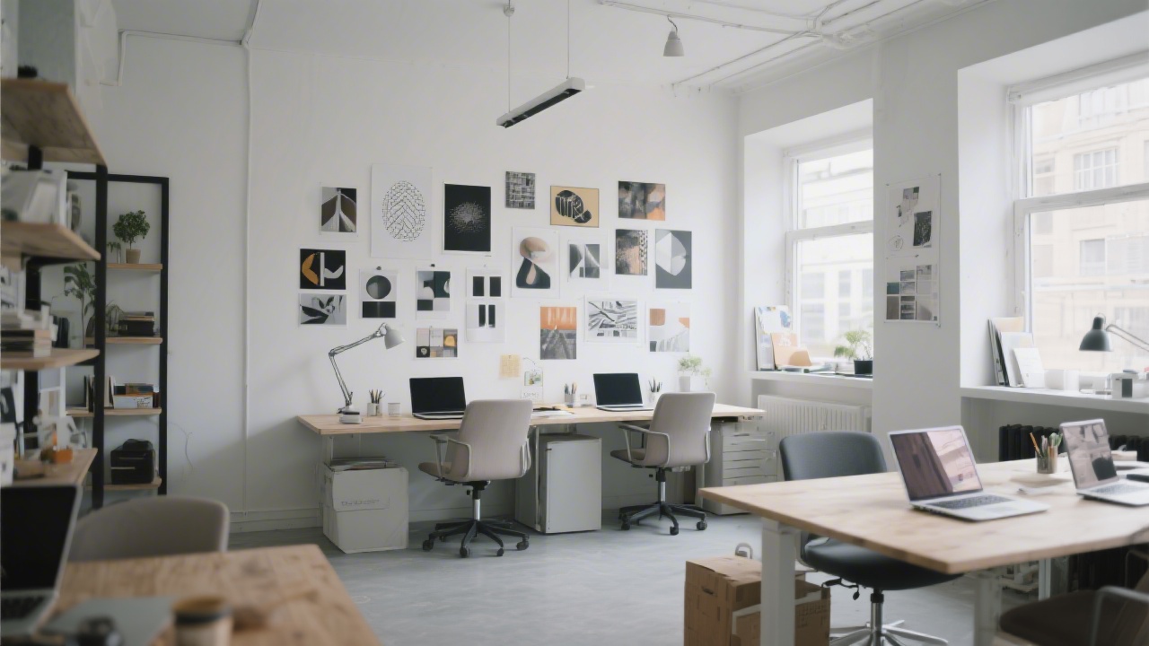 Wide view of a contemporary creative studio with design references on the wall, open laptops on desks, and a calm editorial atmosphere for focused learning.