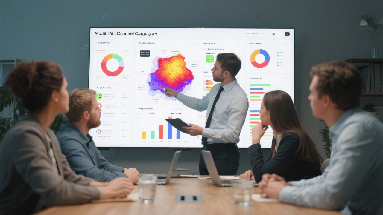 Analyst reviewing a multi-channel campaign report with heat maps, annotated visuals, and conversion charts while team members discuss insights around a conference table.