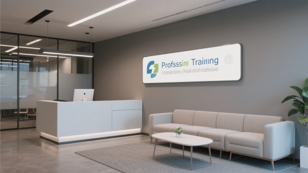 Modern reception area with minimalist seating, a signboard on the wall, and soft lighting, representing a professional training environment.