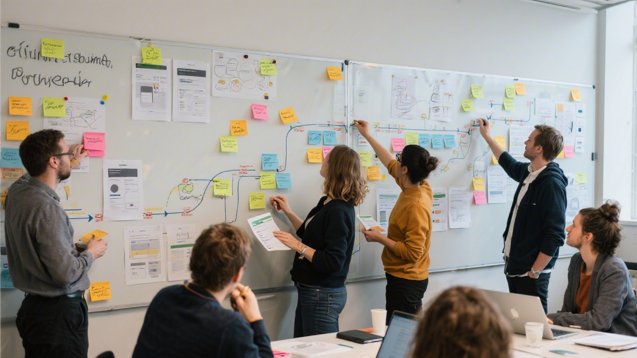 Workshop participants mapping customer journeys on a large board, using sticky notes, printed user flows, and interface sketches to plan conversion actions in a sprint setting.