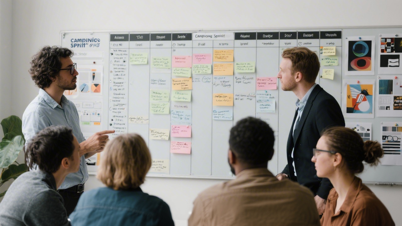 Team reviewing a campaign sprint board with task columns, performance notes, and creative drafts, illustrating a structured production workflow.