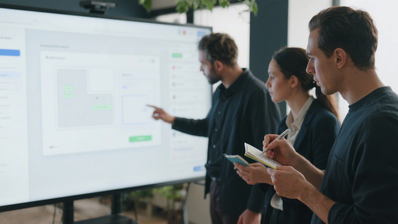 Focused team reviewing an interface prototype on a large display while another member documents notes, showing collaboration between marketing and design roles.